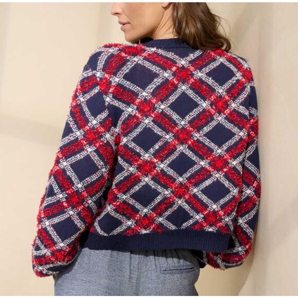 Aerie Chelsea Plaid Cardigan Sweater Jacket Small Shacket Red Navy Blue - Picture 3 of 10